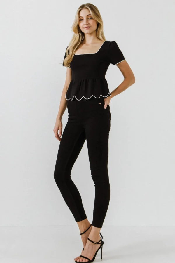 ENGLISH FACTORY Sweaters & Knits*- Scallop Edge Square Neckline Sweater BLACK