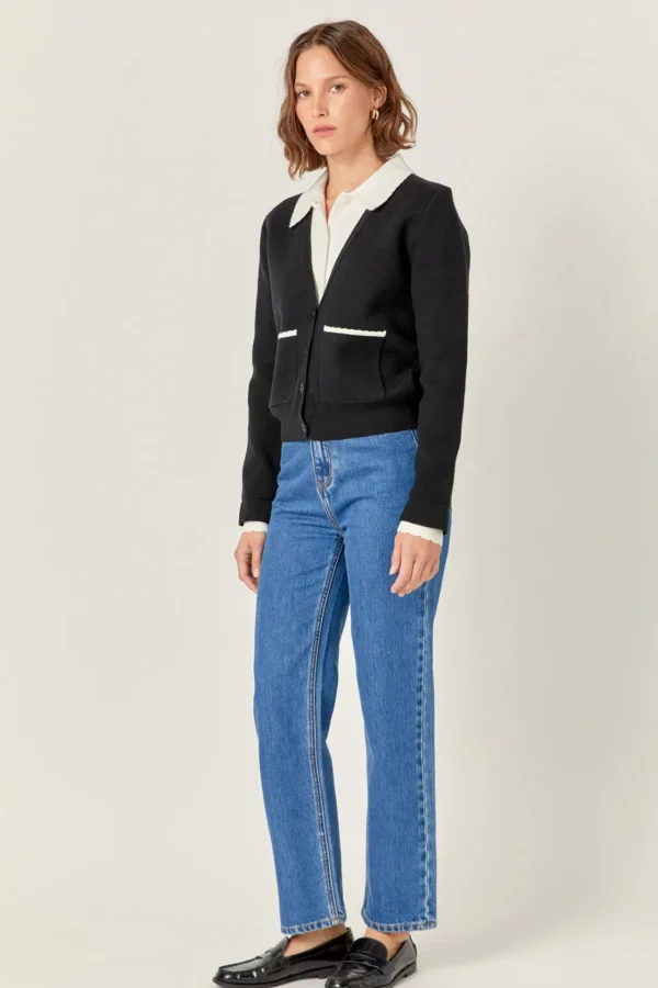 ENGLISH FACTORY Sweaters & Knits | Tops*- Scallop Varsity Cardigan BLACK/WHITE