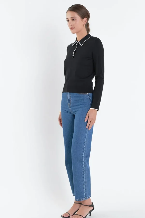 ENGLISH FACTORY Sweaters & Knits*- Scallop Poly Knit BLACK/WHITE