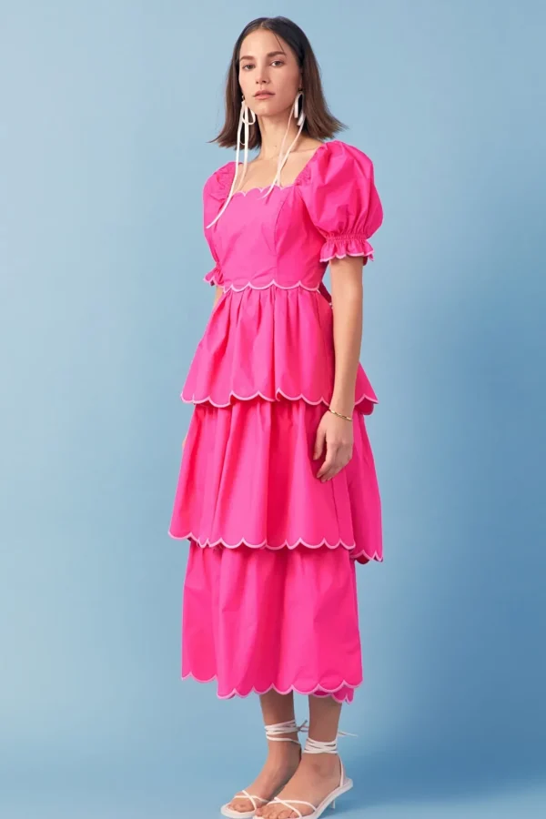 ENGLISH FACTORY Puff Sleeve | Tops*- Scallop Tiered Dress PINK