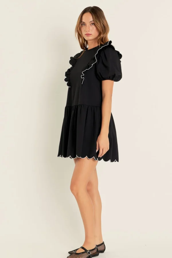 ENGLISH FACTORY Puff Sleeve | Tops*- Scallop Edge Knit Mini Dress BLACK/WHITE