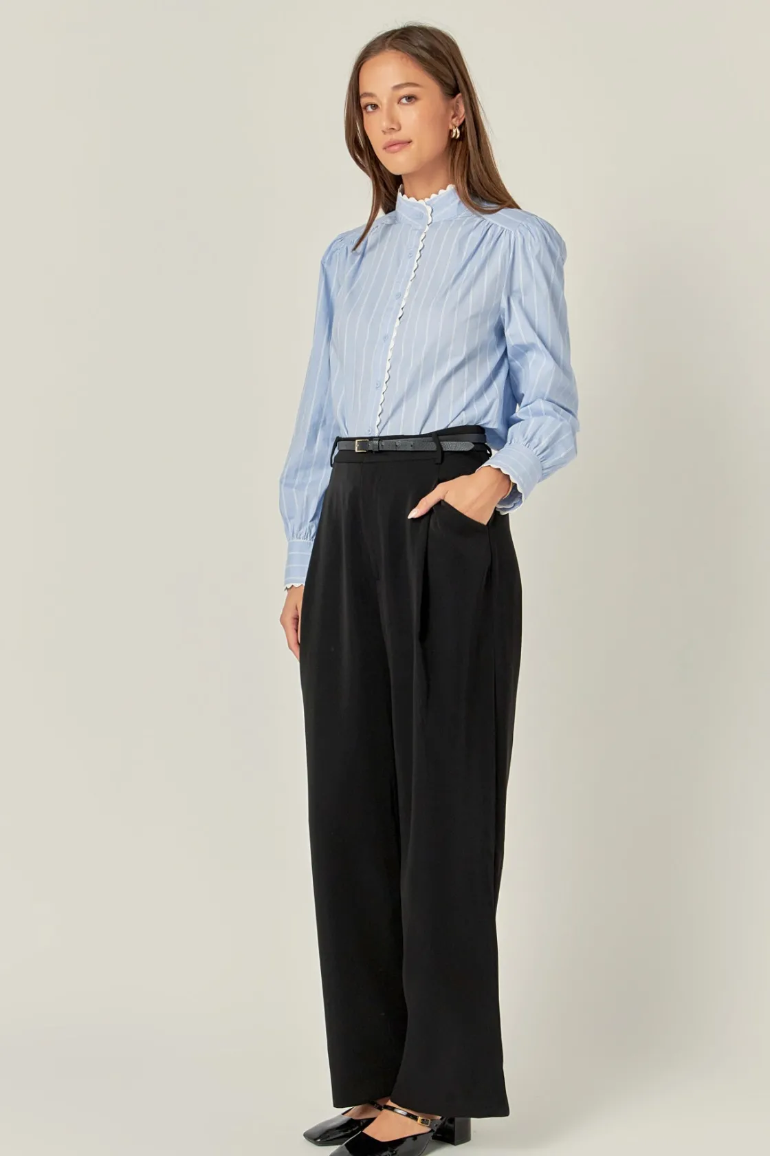 english_factory__scallop__1.webp ENGLISH FACTORY Tops*- Scallop Trimmed Stripe Shirt Blouse POWDERBLUE/OFFWHITE