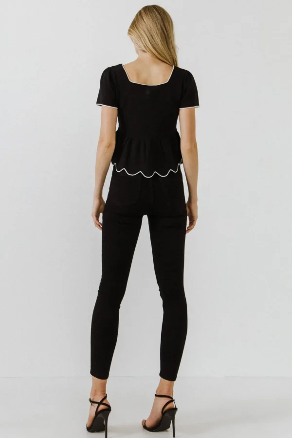 ENGLISH FACTORY Sweaters & Knits*- Scallop Edge Square Neckline Sweater BLACK