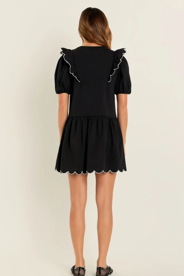 ENGLISH FACTORY Puff Sleeve | Tops*- Scallop Edge Knit Mini Dress BLACK/WHITE