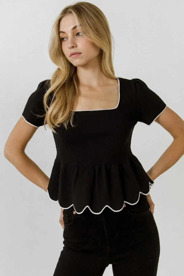 ENGLISH FACTORY Sweaters & Knits*- Scallop Edge Square Neckline Sweater BLACK