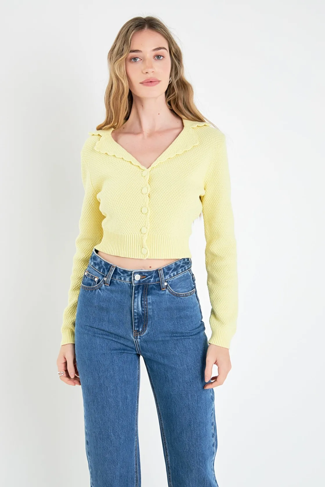 english_factory__scallop__3-17.webp ENGLISH FACTORY Sweaters & Knits | Tops*- Scallop Edge Cropped Cardigan YELLOW