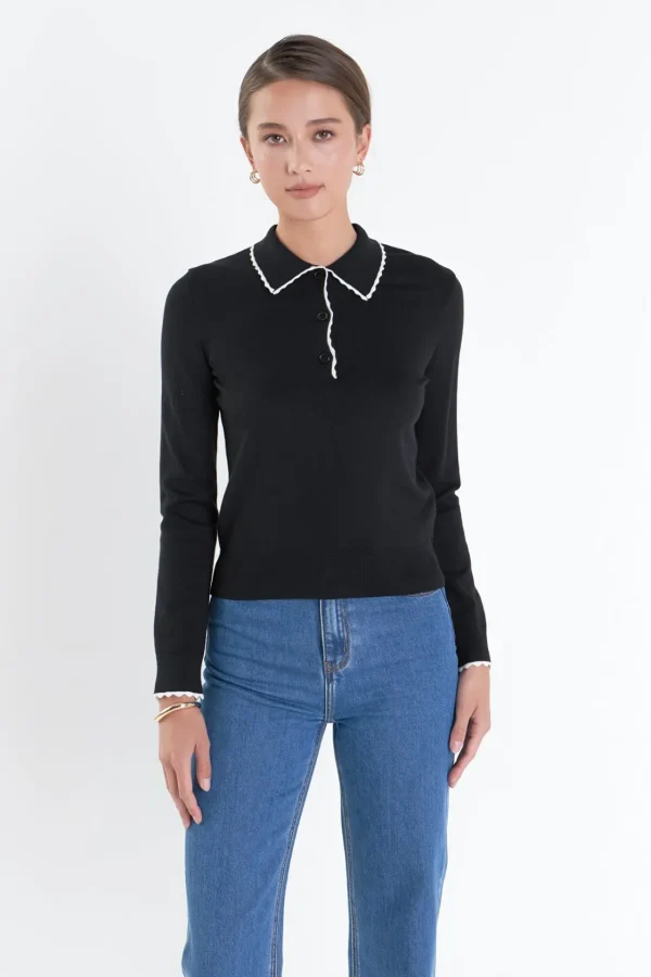 ENGLISH FACTORY Sweaters & Knits*- Scallop Poly Knit BLACK/WHITE