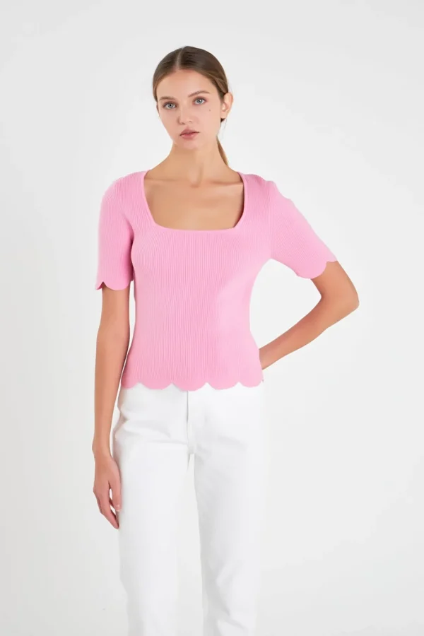 ENGLISH FACTORY Sweaters & Knits | Tops*- Scallop Hem Square Neck Sweater PINK