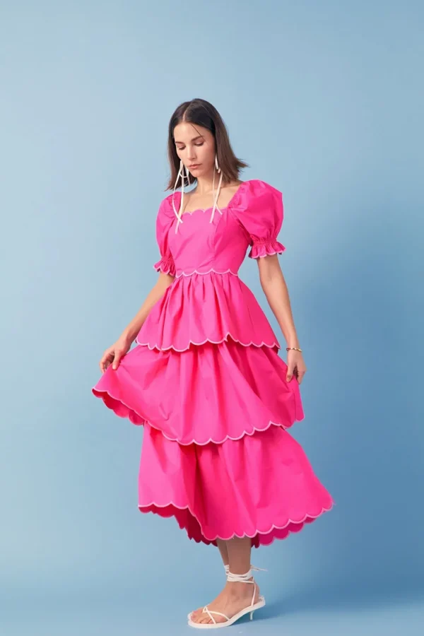 ENGLISH FACTORY Puff Sleeve | Tops*- Scallop Tiered Dress PINK