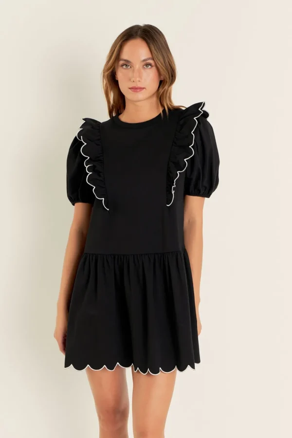 ENGLISH FACTORY Puff Sleeve | Tops*- Scallop Edge Knit Mini Dress BLACK/WHITE