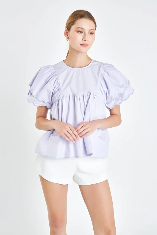 ENGLISH FACTORY Tops*- Scallop Hem Sleeve Top LAVENDER