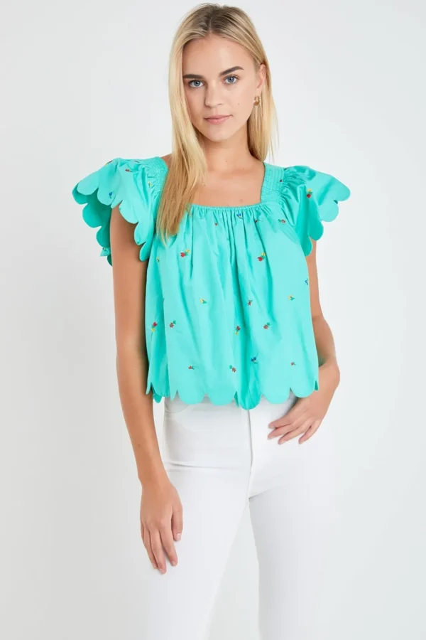 ENGLISH FACTORY Tops*- Scalloped Hem Ruffle Detail Top