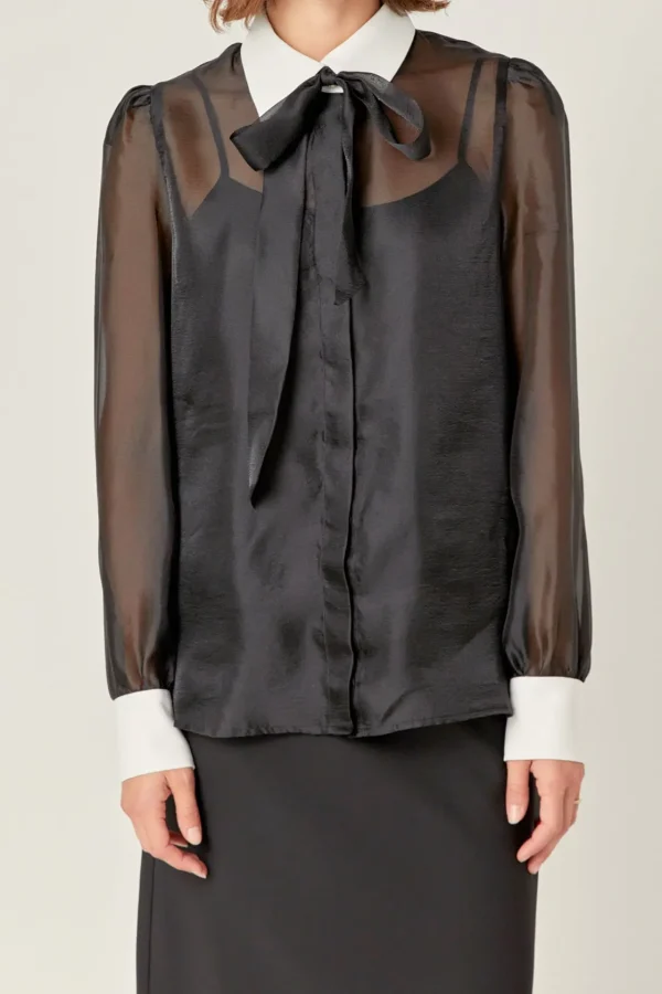 ENGLISH FACTORY Shirts & Blouses*- See Through Bow Tie Blouse BLACK/OFFWHITE