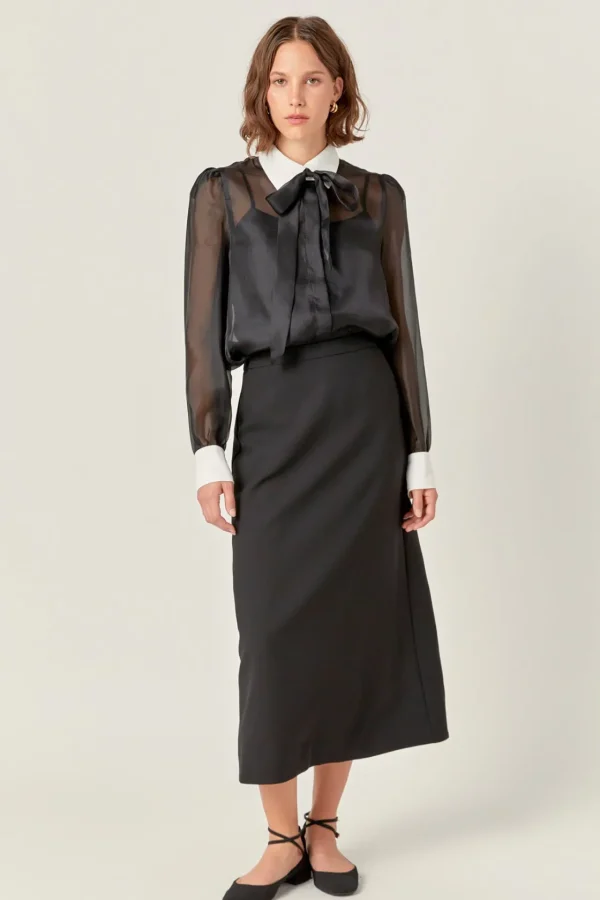 ENGLISH FACTORY Shirts & Blouses*- See Through Bow Tie Blouse BLACK/OFFWHITE