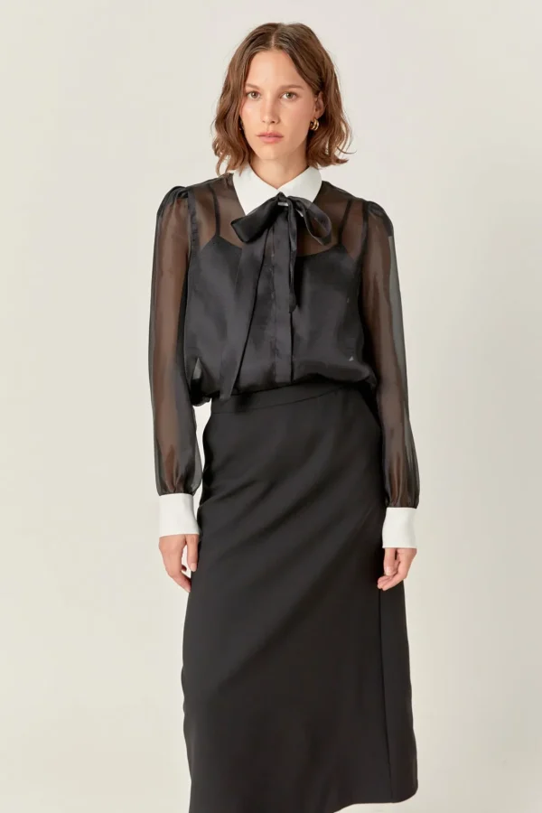 ENGLISH FACTORY Shirts & Blouses*- See Through Bow Tie Blouse BLACK/OFFWHITE