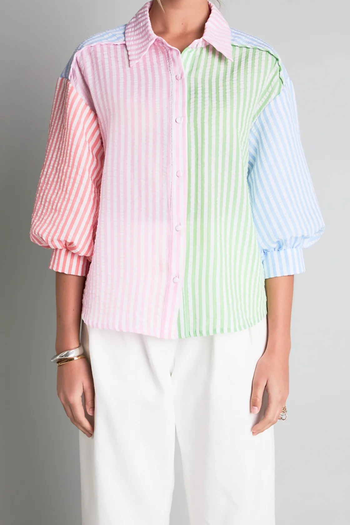 english_factory__seersuck_0-1.webp ENGLISH FACTORY Matching Sets | Shirts & Blouses*- Seersucker Striped Colorblock Shirt MULTI