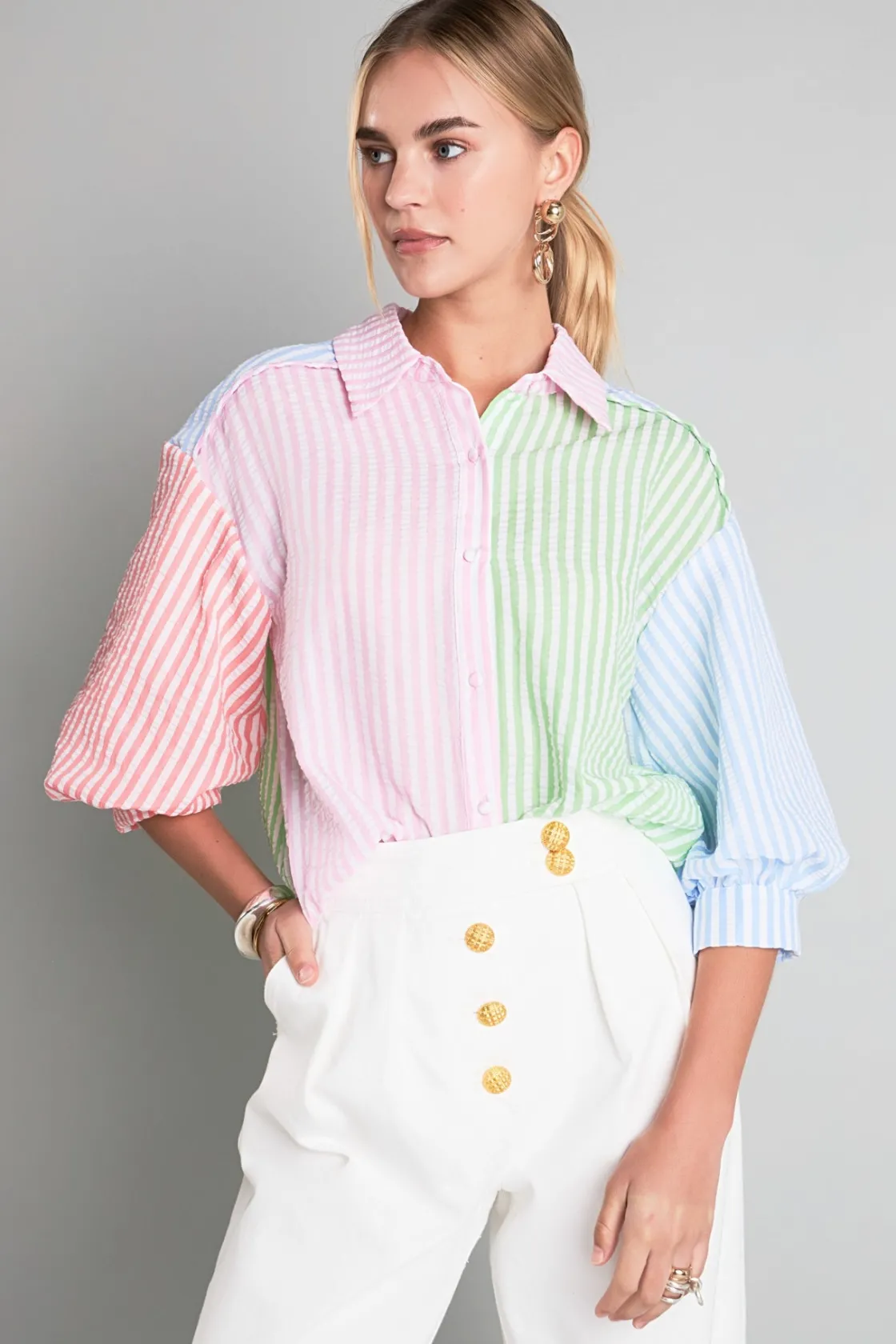 english_factory__seersuck_3-1.webp ENGLISH FACTORY Matching Sets | Shirts & Blouses*- Seersucker Striped Colorblock Shirt MULTI