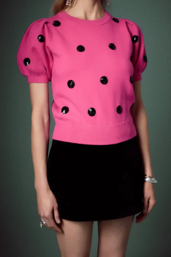 ENGLISH FACTORY Sweaters & Knits | Tops*- Sequin Dot Black Sweater FUCHSIA/BLACK