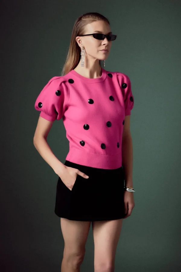 ENGLISH FACTORY Sweaters & Knits | Tops*- Sequin Dot Black Sweater FUCHSIA/BLACK
