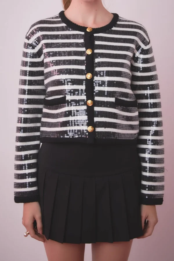 ENGLISH FACTORY Sweaters & Knits | Tops*- Sequin Striped Knit Cardigan BLACK/IVORY