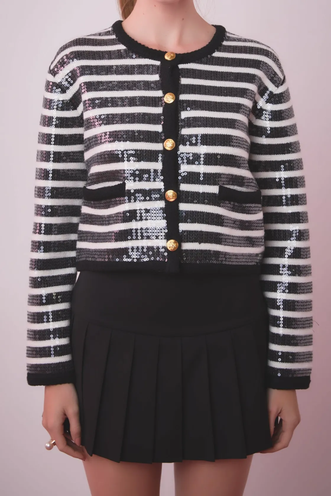 english_factory__sequin_s_0-1.webp ENGLISH FACTORY Sweaters & Knits | Tops*- Sequin Striped Knit Cardigan BLACK/IVORY