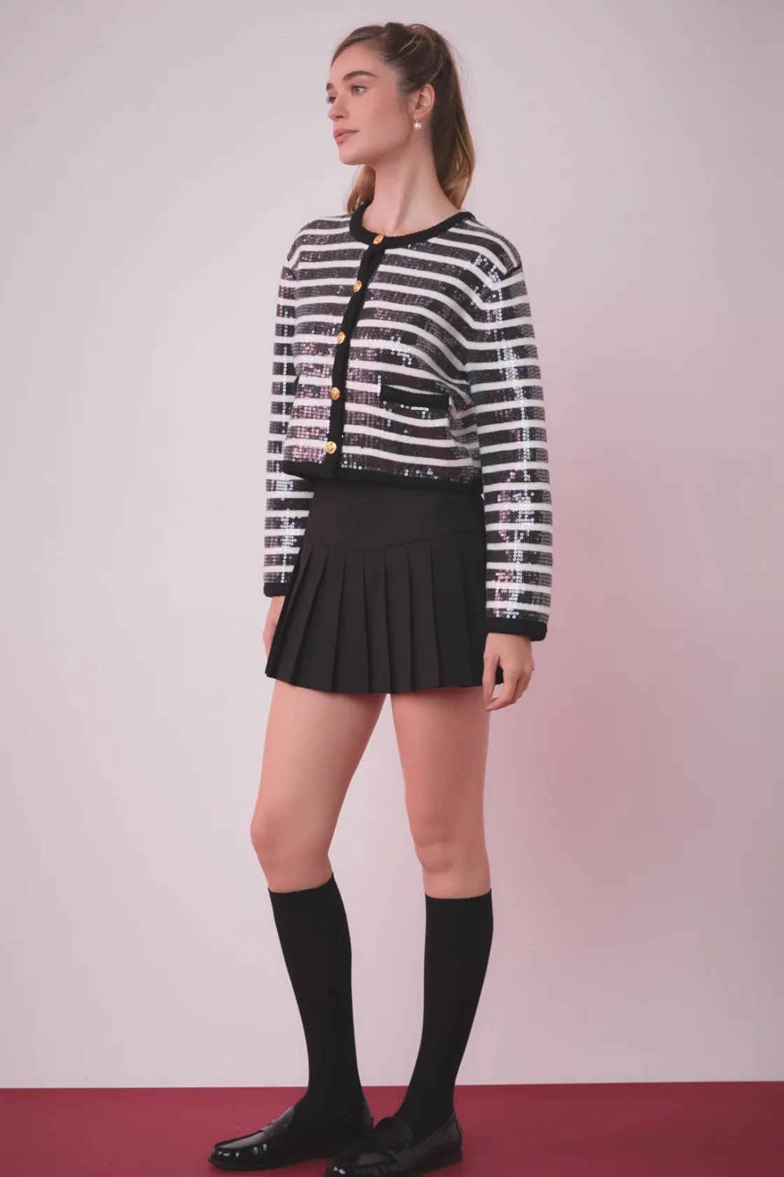 english_factory__sequin_s_1-1.webp ENGLISH FACTORY Sweaters & Knits | Tops*- Sequin Striped Knit Cardigan BLACK/IVORY