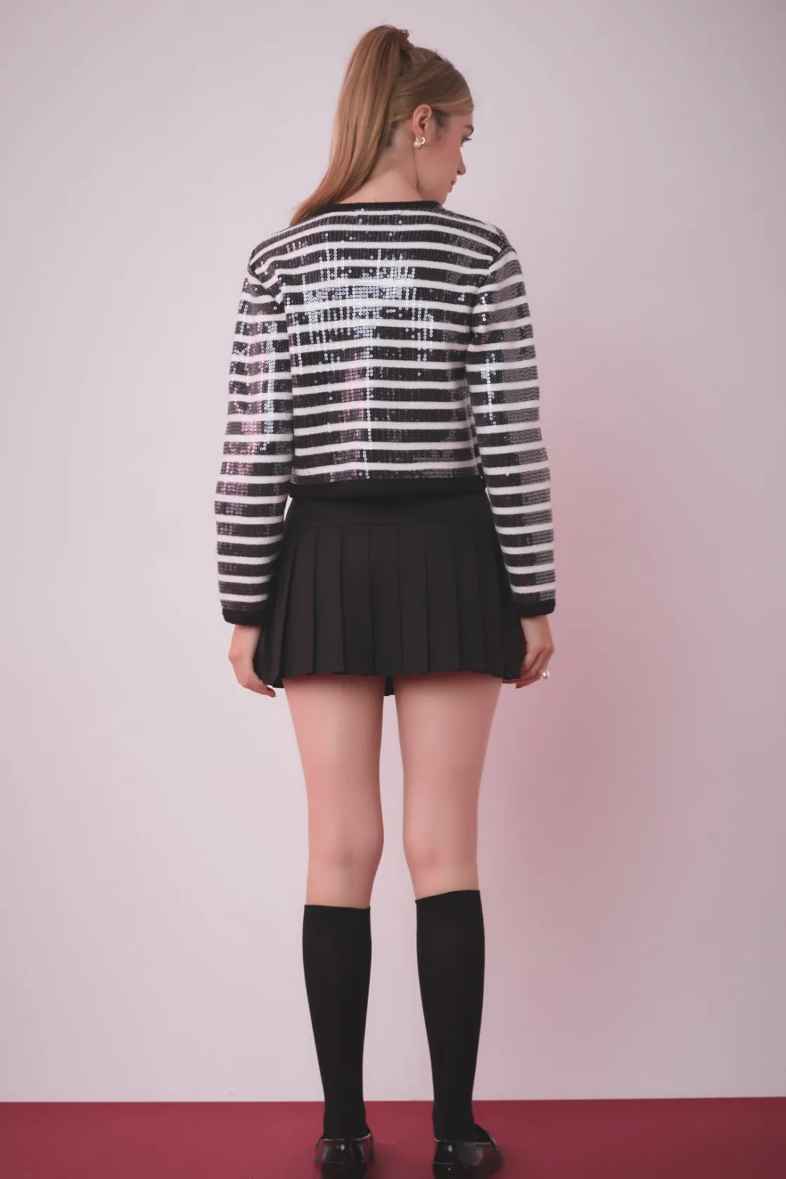 english_factory__sequin_s_2-1.webp ENGLISH FACTORY Sweaters & Knits | Tops*- Sequin Striped Knit Cardigan BLACK/IVORY