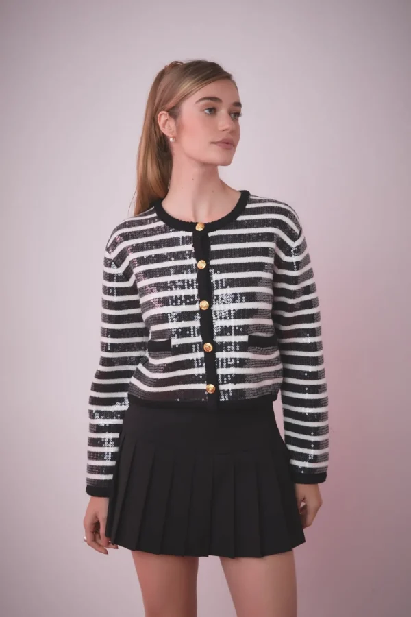 ENGLISH FACTORY Sweaters & Knits | Tops*- Sequin Striped Knit Cardigan BLACK/IVORY