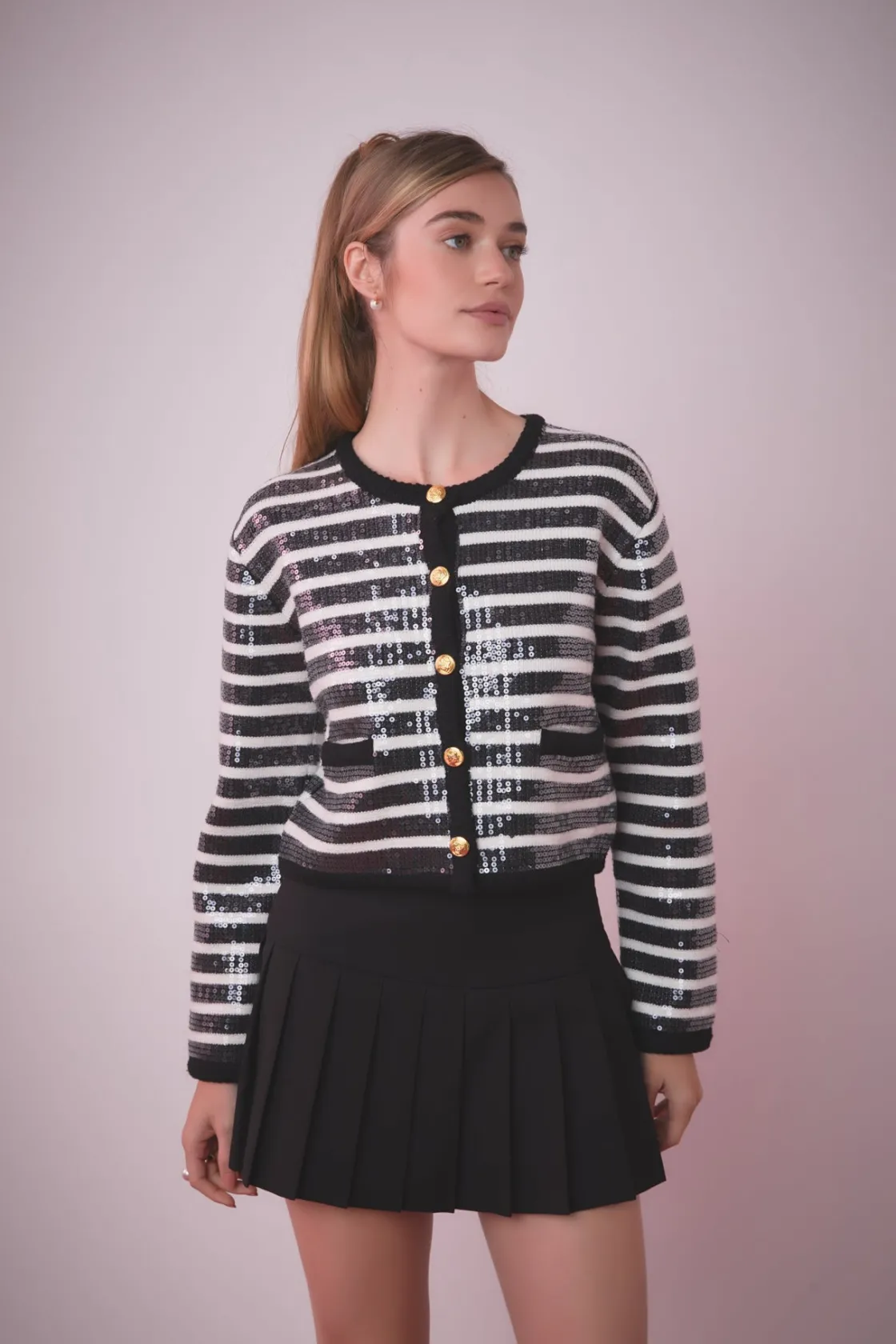 english_factory__sequin_s_3-1.webp ENGLISH FACTORY Sweaters & Knits | Tops*- Sequin Striped Knit Cardigan BLACK/IVORY
