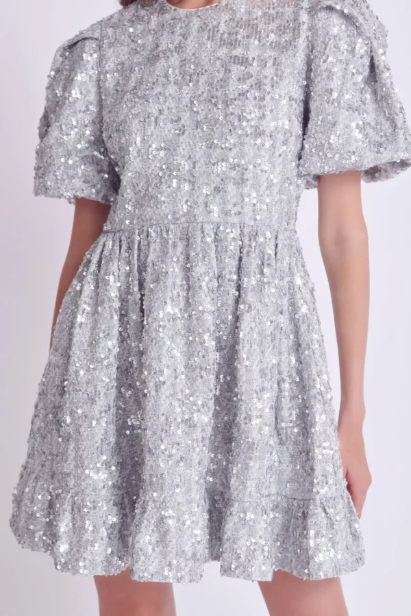 ENGLISH FACTORY Tweed Dresses | Tops*- Sequin Tweed Tiered Mini Dress SILVER