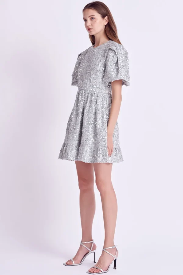 ENGLISH FACTORY Tweed Dresses | Tops*- Sequin Tweed Tiered Mini Dress SILVER