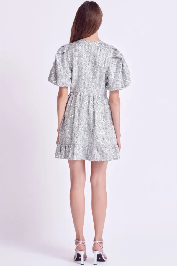 ENGLISH FACTORY Tweed Dresses | Tops*- Sequin Tweed Tiered Mini Dress SILVER