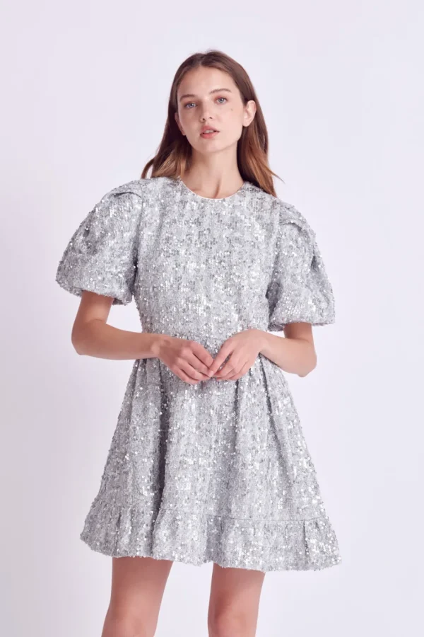 ENGLISH FACTORY Tweed Dresses | Tops*- Sequin Tweed Tiered Mini Dress SILVER