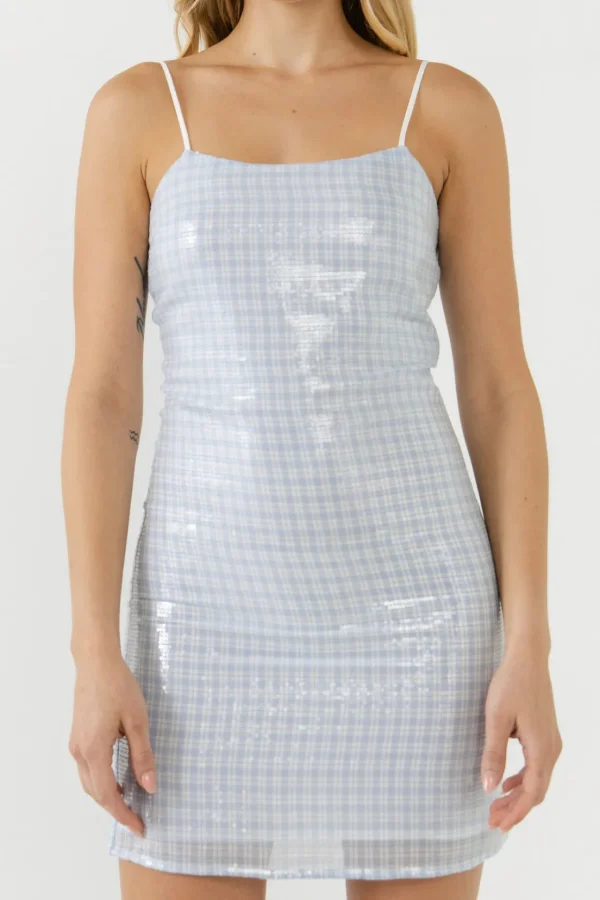 ENGLISH FACTORY Tops*- Sequins Plaid Bodycon Mini Dress POWDERBLUE