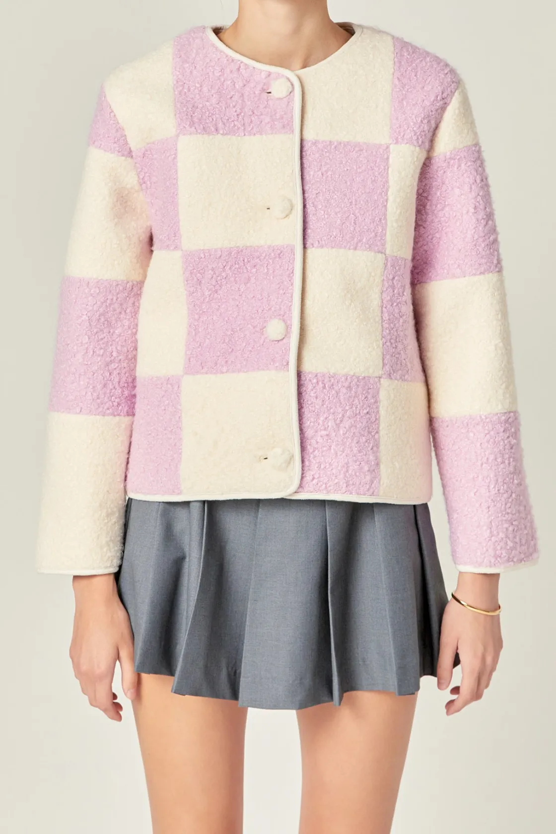 english_factory__shearlin_0.webp ENGLISH FACTORY Jackets & Coats | Tops*- Shearling Check Cardigan LILAC/CREAM
