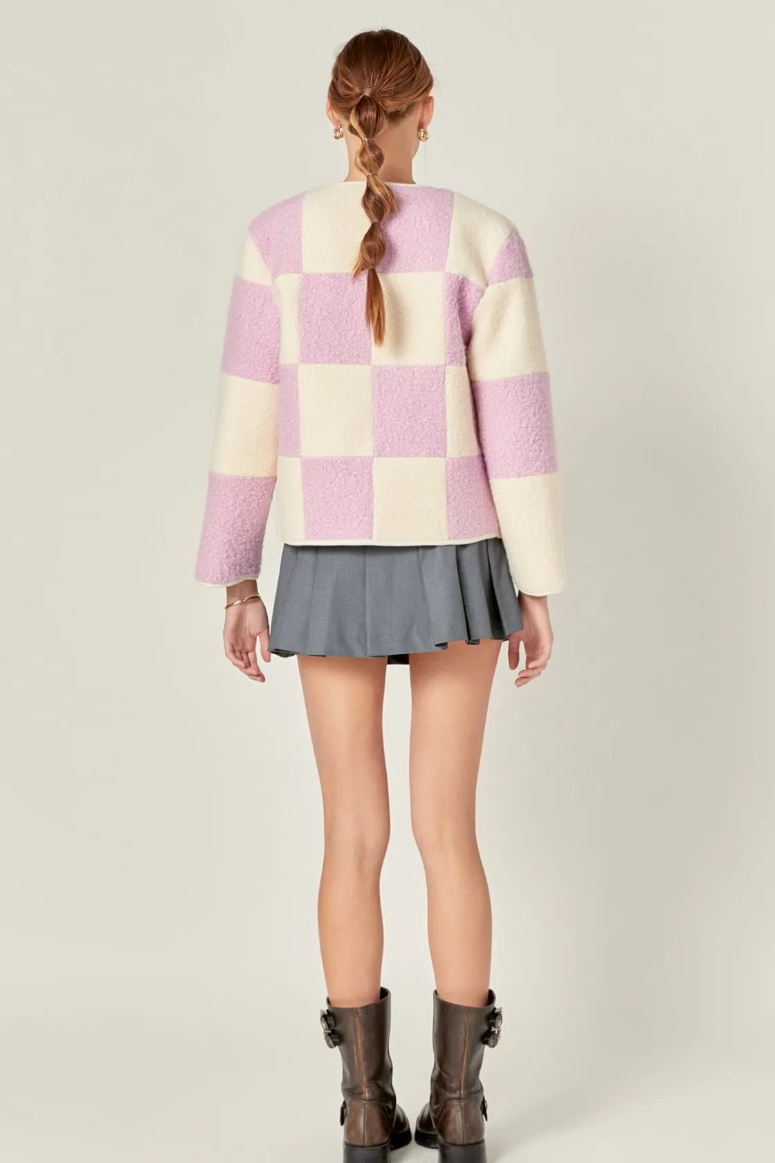 english_factory__shearlin_2.webp ENGLISH FACTORY Jackets & Coats | Tops*- Shearling Check Cardigan LILAC/CREAM