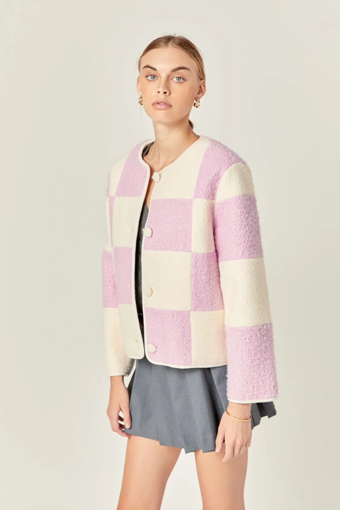 english_factory__shearlin_3.webp ENGLISH FACTORY Jackets & Coats | Tops*- Shearling Check Cardigan LILAC/CREAM