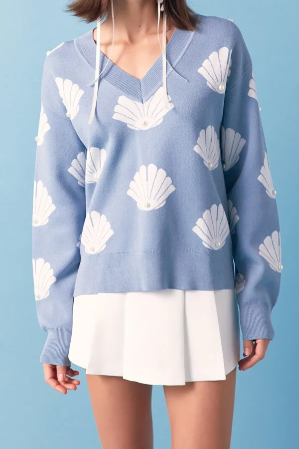 ENGLISH FACTORY Sweaters & Knits*- Shell Motif Sweater with Pearl Trim SKYBLUE/WHITE