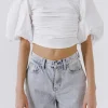 ENGLISH FACTORY Tops*- Shirred Knit Mixed Media Puff Sleeve Top