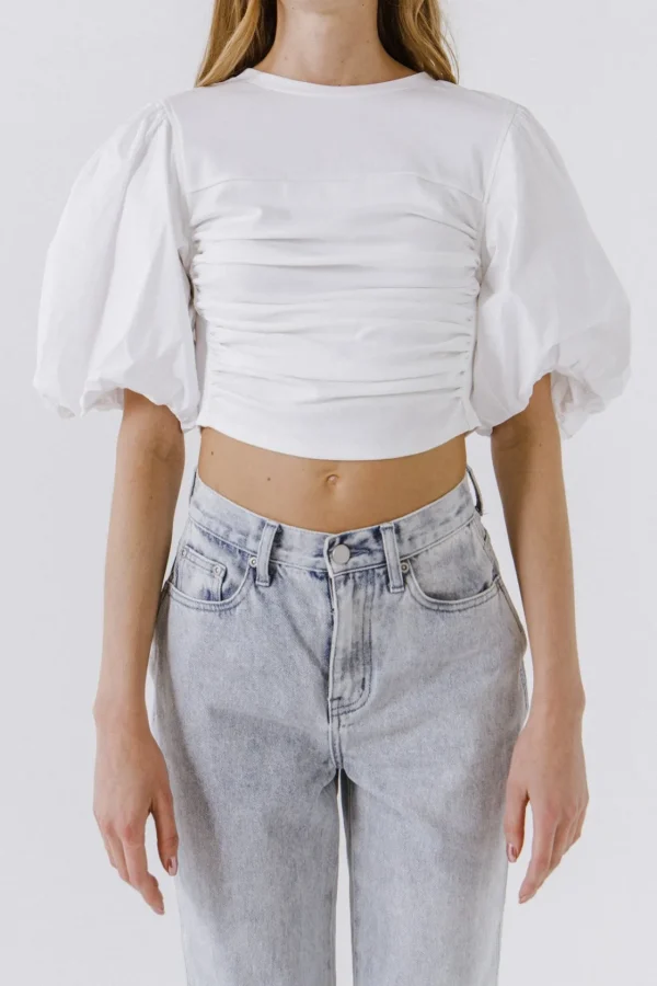 ENGLISH FACTORY Tops*- Shirred Knit Mixed Media Puff Sleeve Top