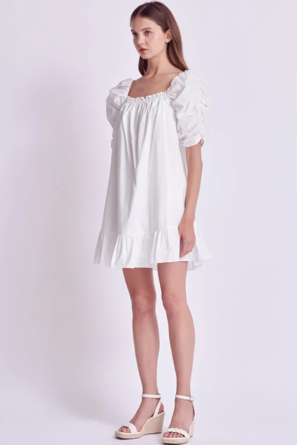 ENGLISH FACTORY White Dresses | Tops*- Shirred Puff Sleeve Mini Dress WHITE
