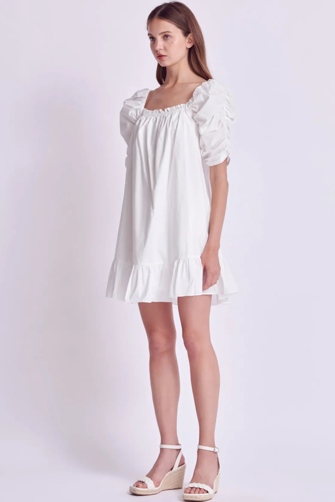 english_factory__shirred__1-1.webp ENGLISH FACTORY White Dresses | Tops*- Shirred Puff Sleeve Mini Dress WHITE