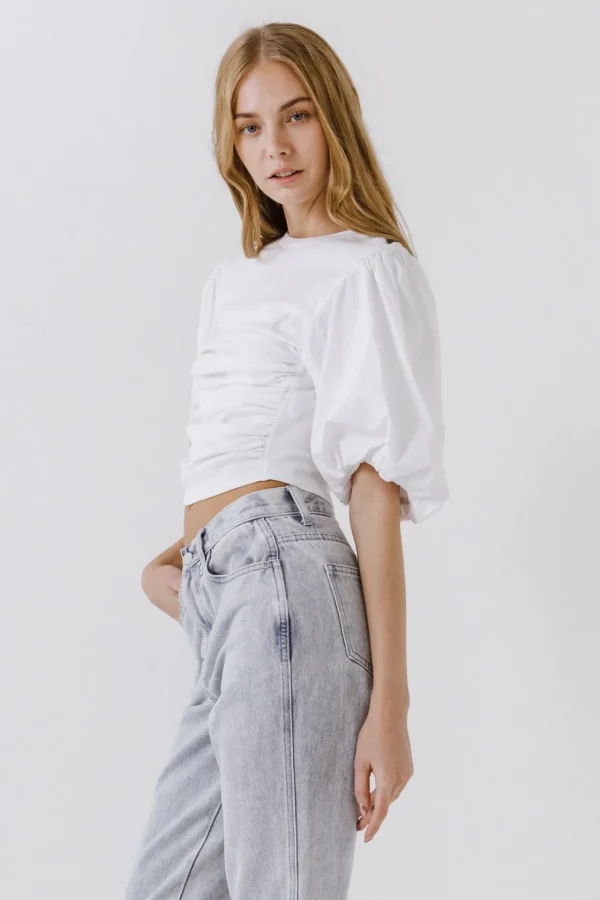 ENGLISH FACTORY Tops*- Shirred Knit Mixed Media Puff Sleeve Top