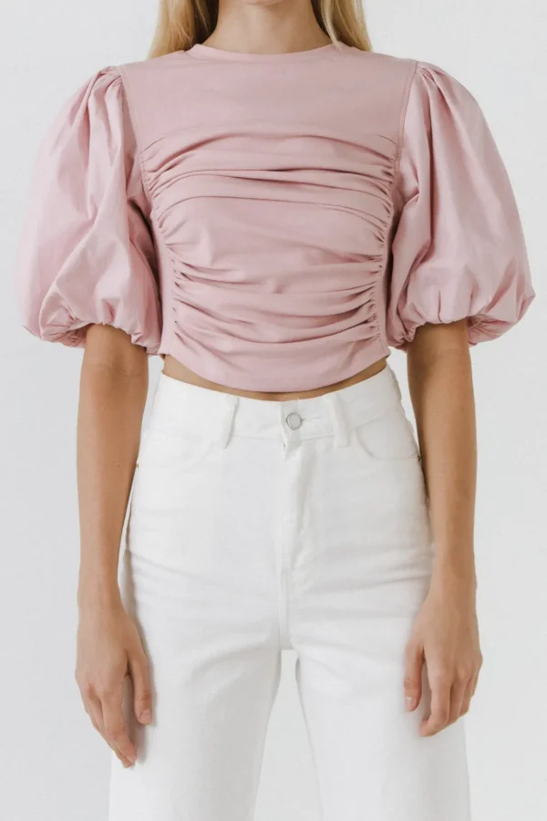 ENGLISH FACTORY Tops*- Shirred Knit Mixed Media Puff Sleeve Top