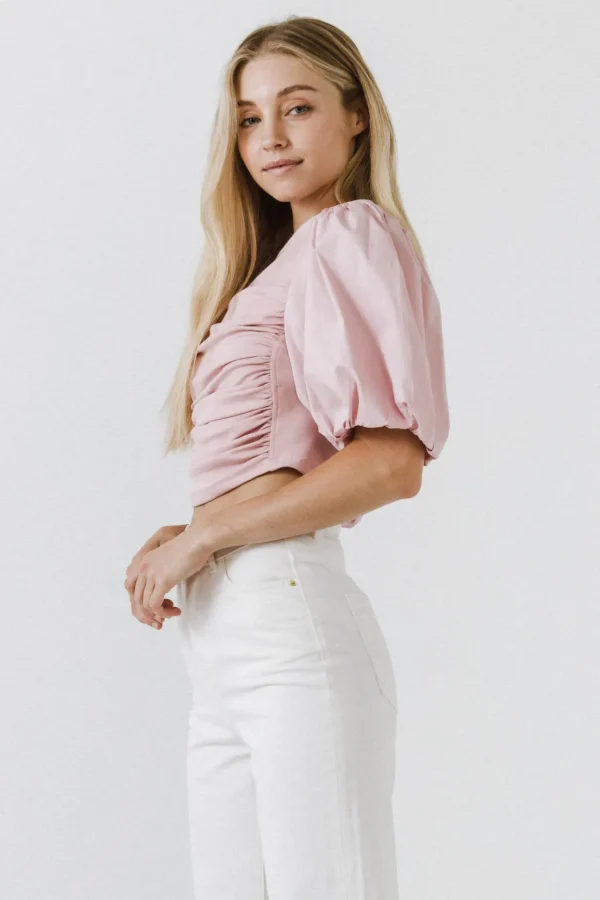 ENGLISH FACTORY Tops*- Shirred Knit Mixed Media Puff Sleeve Top