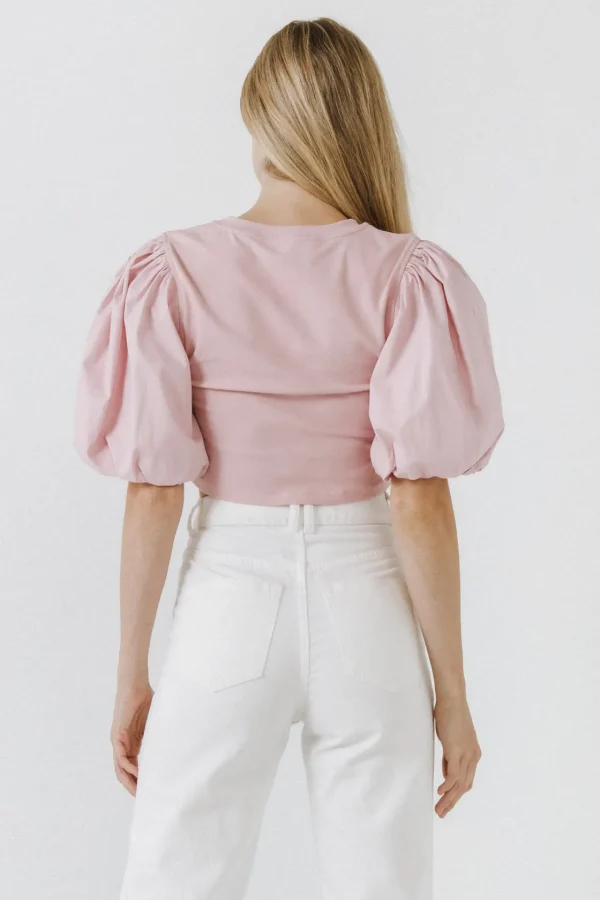 ENGLISH FACTORY Tops*- Shirred Knit Mixed Media Puff Sleeve Top