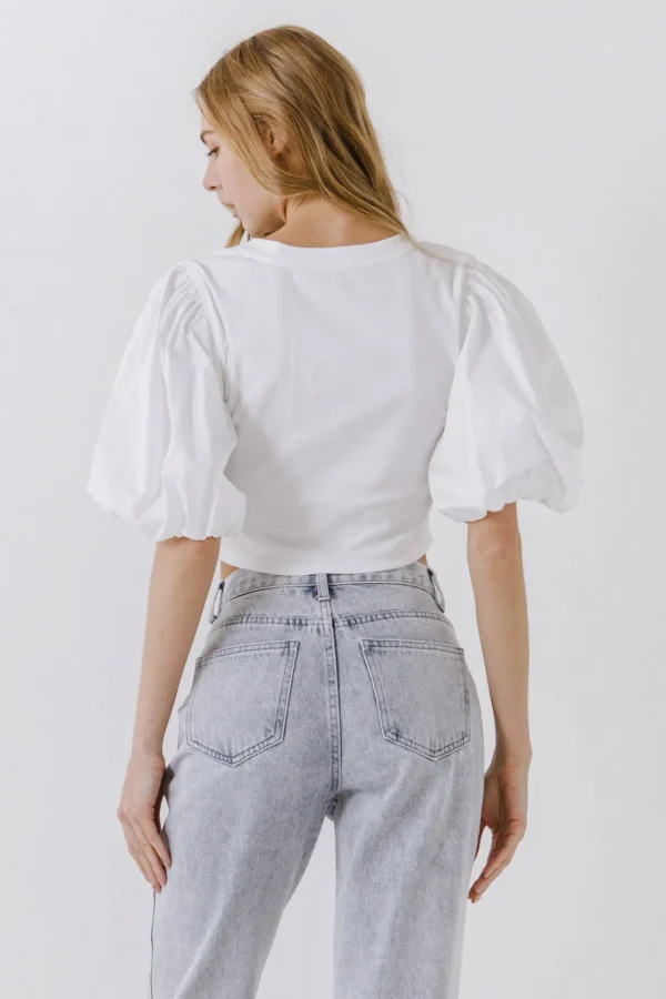ENGLISH FACTORY Tops*- Shirred Knit Mixed Media Puff Sleeve Top