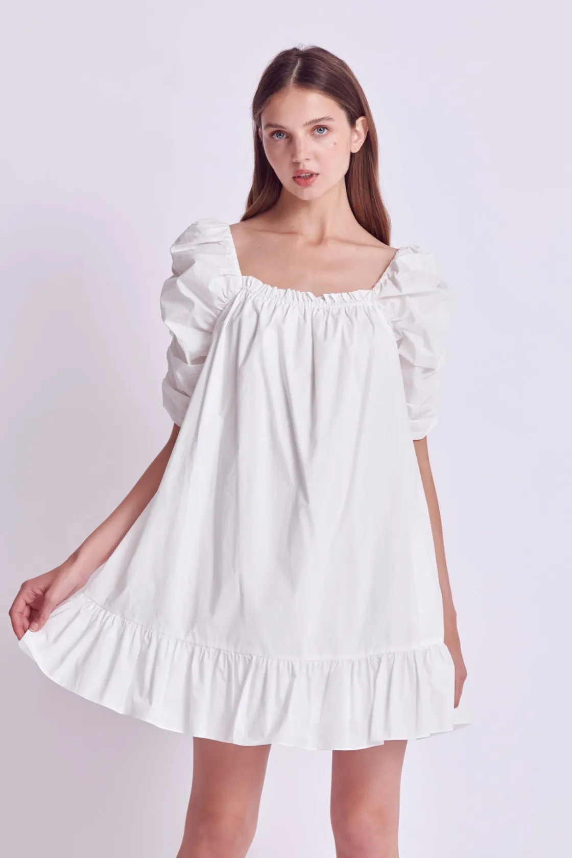 english_factory__shirred__3-1.webp ENGLISH FACTORY White Dresses | Tops*- Shirred Puff Sleeve Mini Dress WHITE