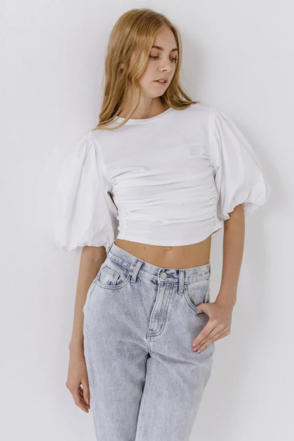 ENGLISH FACTORY Tops*- Shirred Knit Mixed Media Puff Sleeve Top