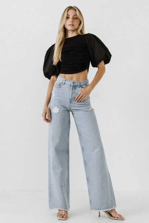 ENGLISH FACTORY Tops*- Shirred Knit Mixed Media Puff Sleeve Top